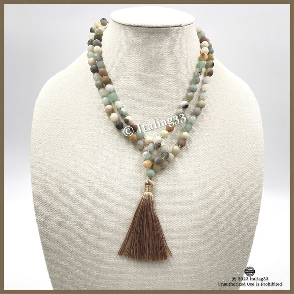 Mala Amazonite Beads Necklace Natural Matte Gemstone Silk Tassel Meditation New - Picture 14 of 15